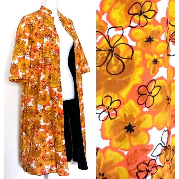 Vtg Hawaiian Barkcloth Handmade Midi Coat Gold Coral Floral Elbow  Sleeve Sz M - Picture 2 of 16
